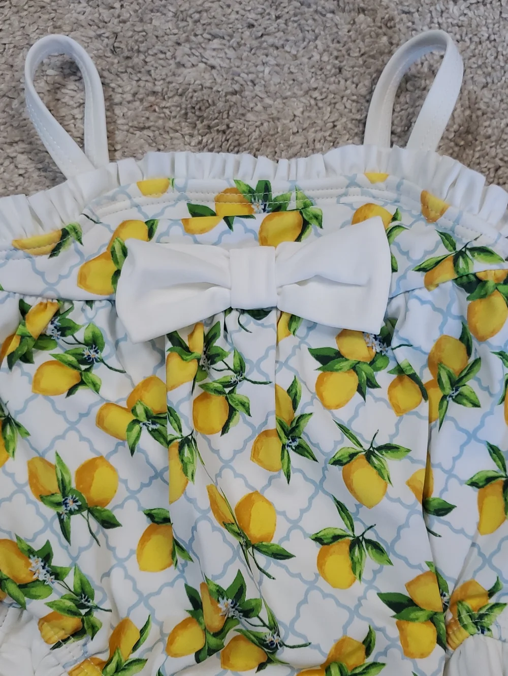 Janie and Jack Vibrant Lemon Print Baby Swimsuit With Bow. 0-3 Months